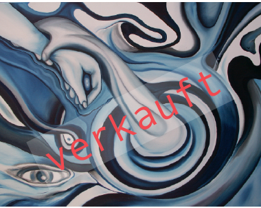 Ölgemälde blau-weiß, Strudel,Auge des Universums,zwei Hände