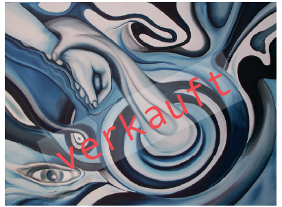 Ölgemälde blau-weiß, Strudel,Auge des Universums,zwei Hände